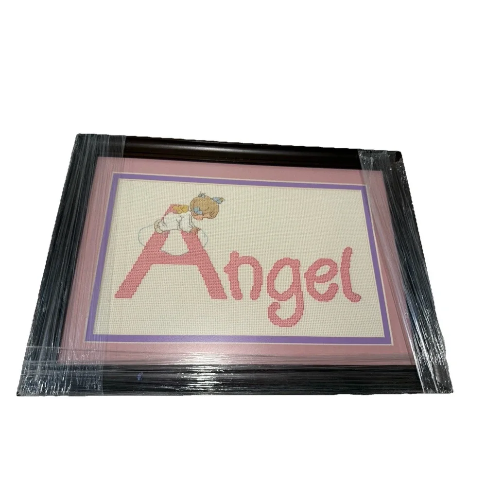 Needlepoint Angel Wall Art Framed Plaque Hanging Handmade Cross-stitch‎ Pink